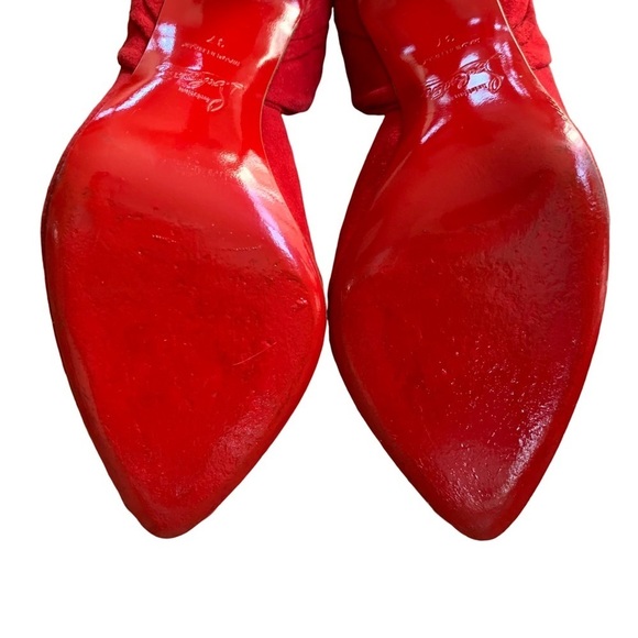 Christian Louboutin Barbara 100 Oeillet Red Suede Peep Toe Bow Heel Pumps - Picture 9 of 13